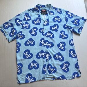 Stylish Blue Heart Print Casual Button Down Shirt